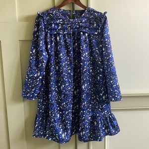 Royal blue, black, and cream floral patterned long sleeved dress. Size Large.